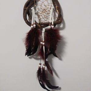 White Leather & Burgundy Feather Dream Catcher